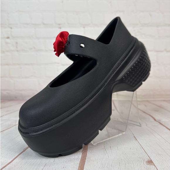 Crocs Stomp Rosette Mary Jane Black Red Rose Platform Clog Sandals M Sz 6/W Sz 8 - Picture 4 of 9